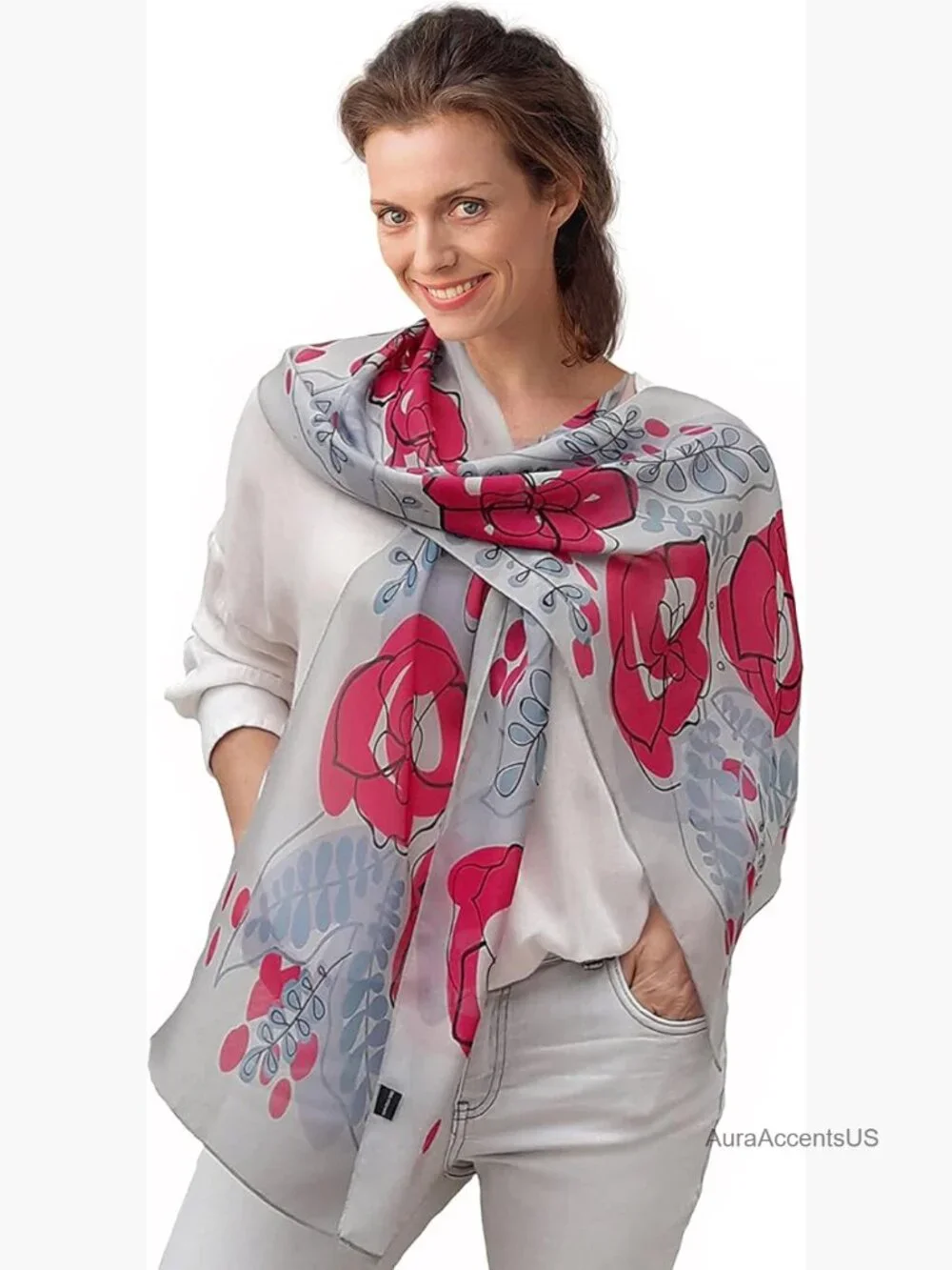 Hand Painted Floral Silk Chiffon Scarf